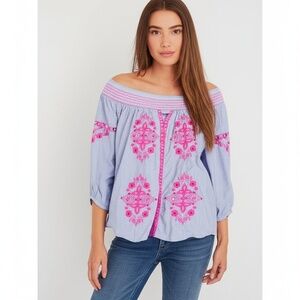 INC Off the Shoulder Blue with Hot Pink Embroidered Smocked Size S Bohemian Chic